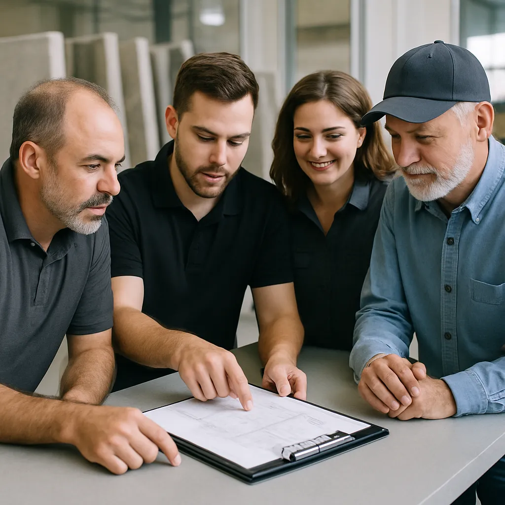 Fabrication shop worker reviewing job paperwork on a clipboard