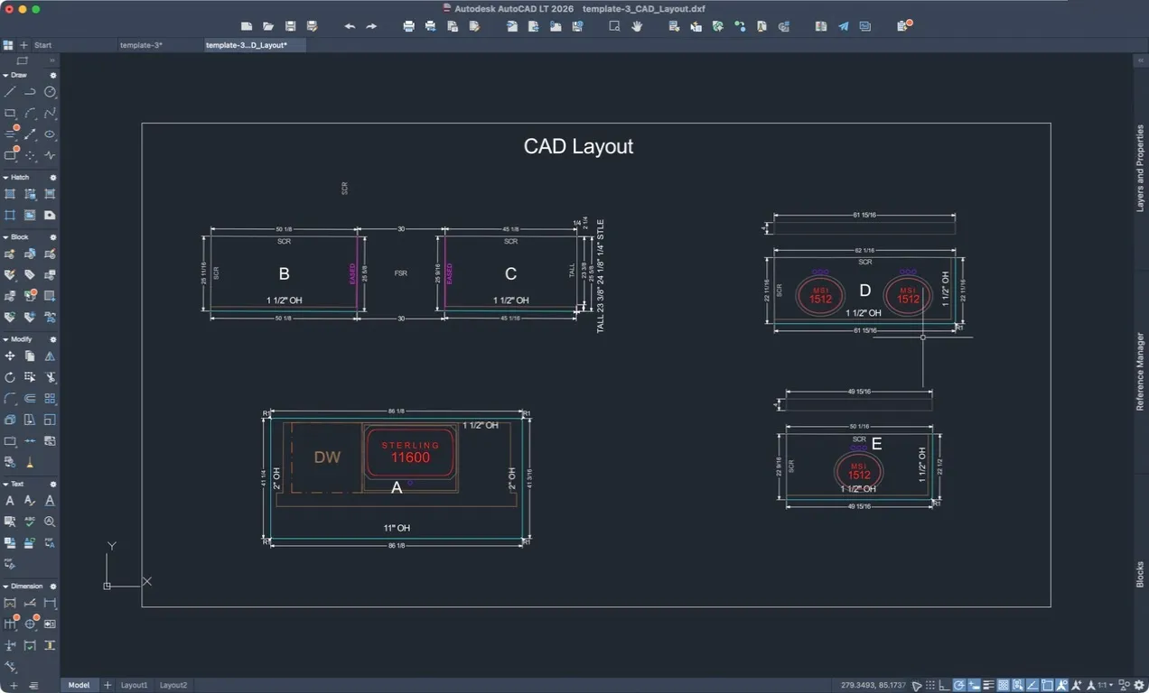 The shop drawing for one job open in AutoCAD, with dimensions, edge labels and sinks.