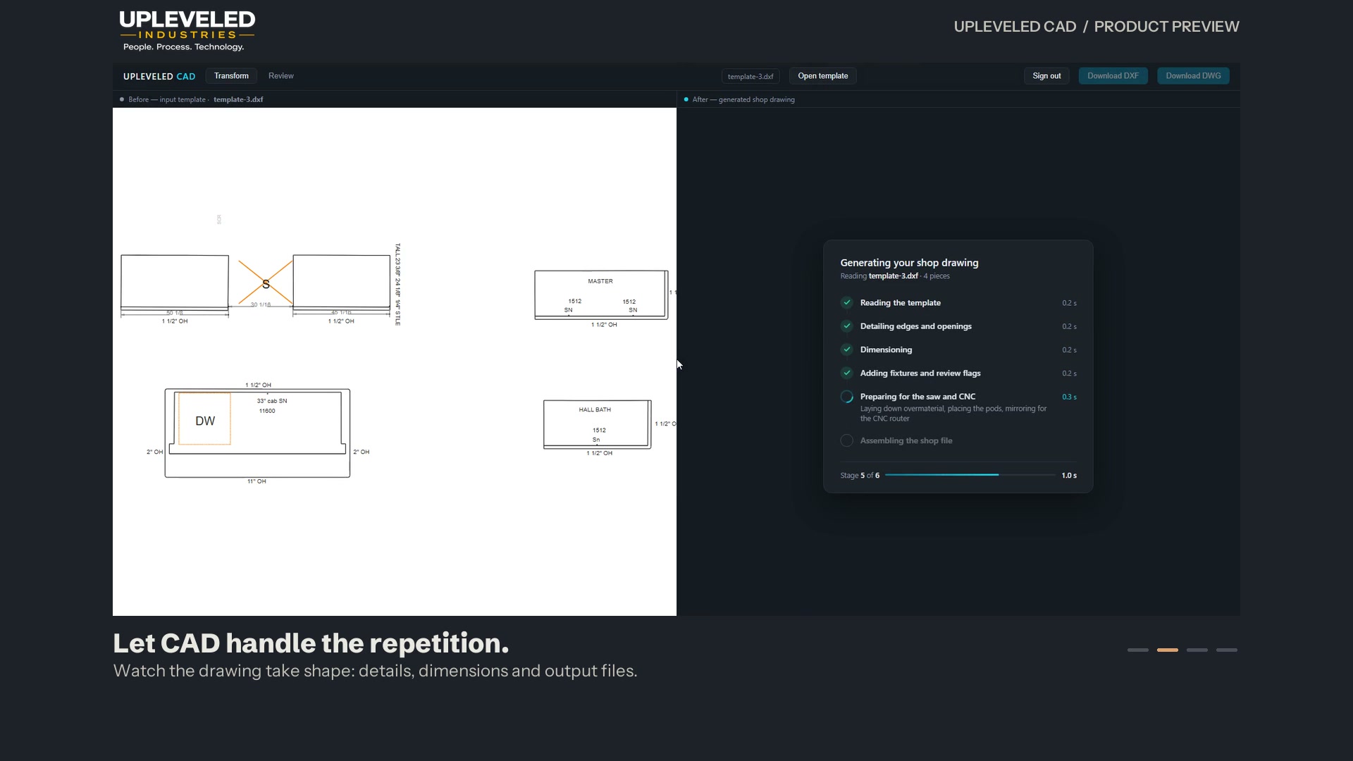 Actual Upleveled CAD interface showing the input template alongside the drawing generation process