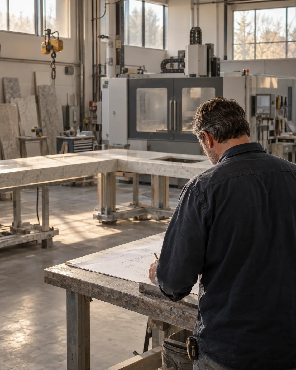 Editorial illustration of a fabrication shop owner reviewing a drawing