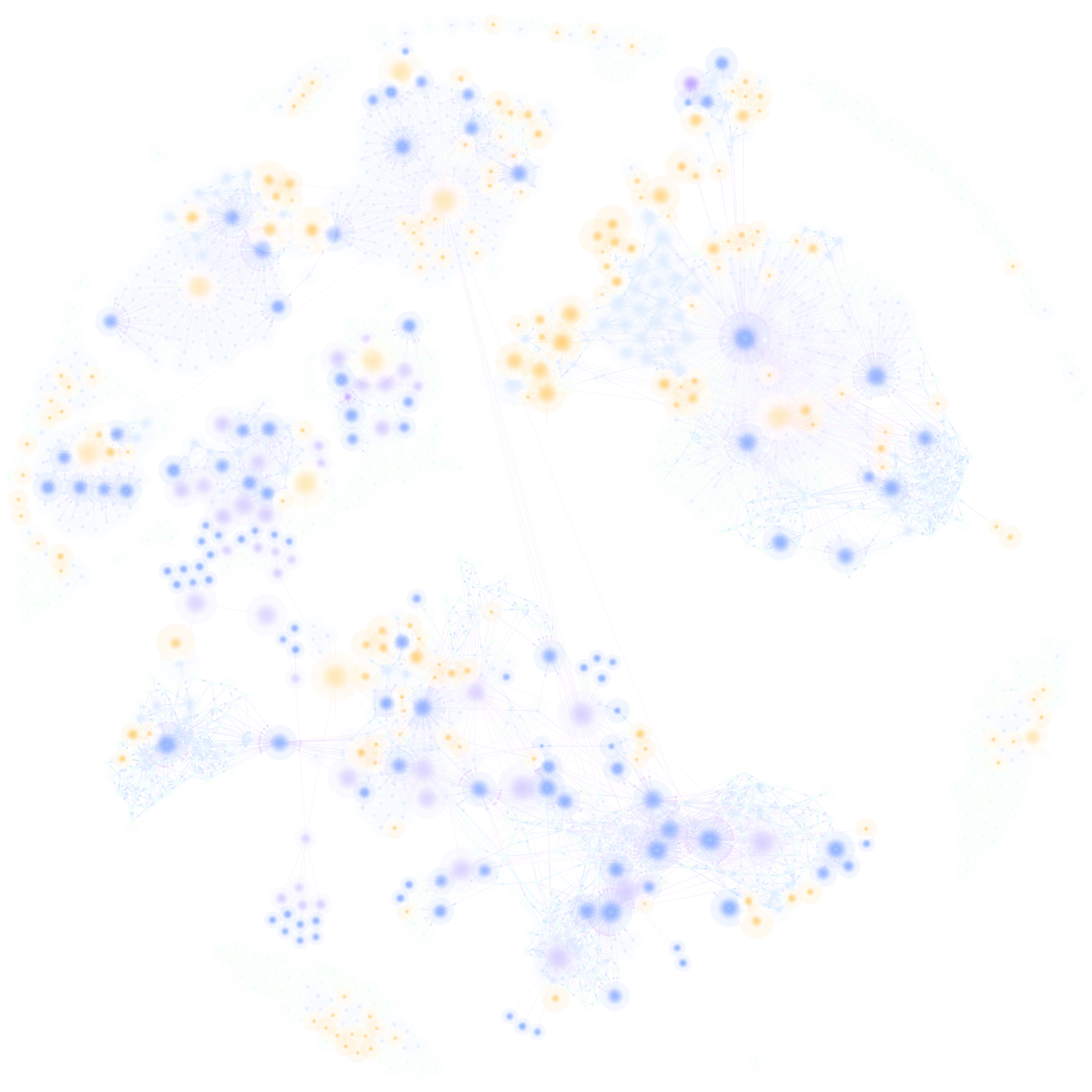 The Upleveled work graph: clusters of glowing points joined by fine lines, each point a piece of work the agent fleet is building